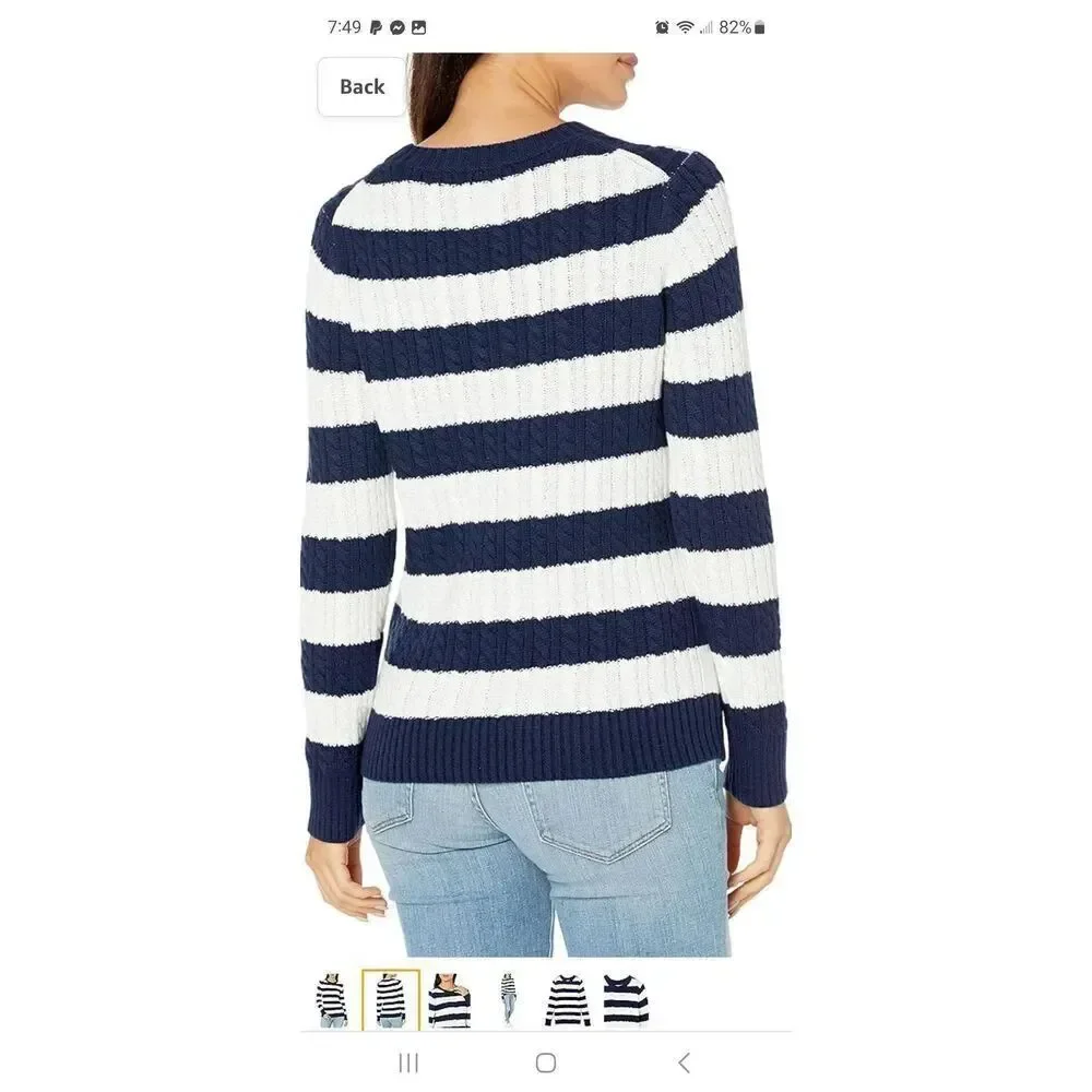 New Small Amazon Essentials Long Sleeve Cotton Blue White Pullover Sweater NWT